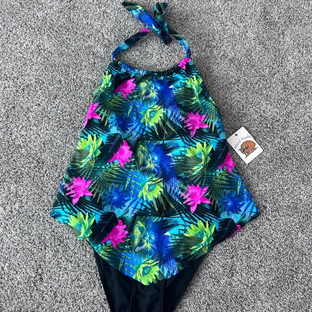 NWT! Island Pearls Hanky Fauxkini One Piece Swimsuit Blue Fern Leaf Halter 10